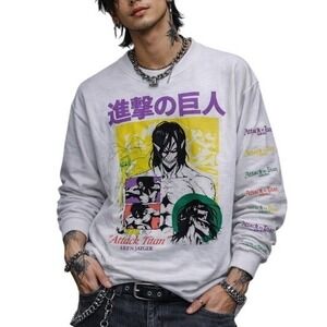 Attack On Titan Eren Jaeger Anime White Graphic Print Long Sleeve T-shirt Men XL